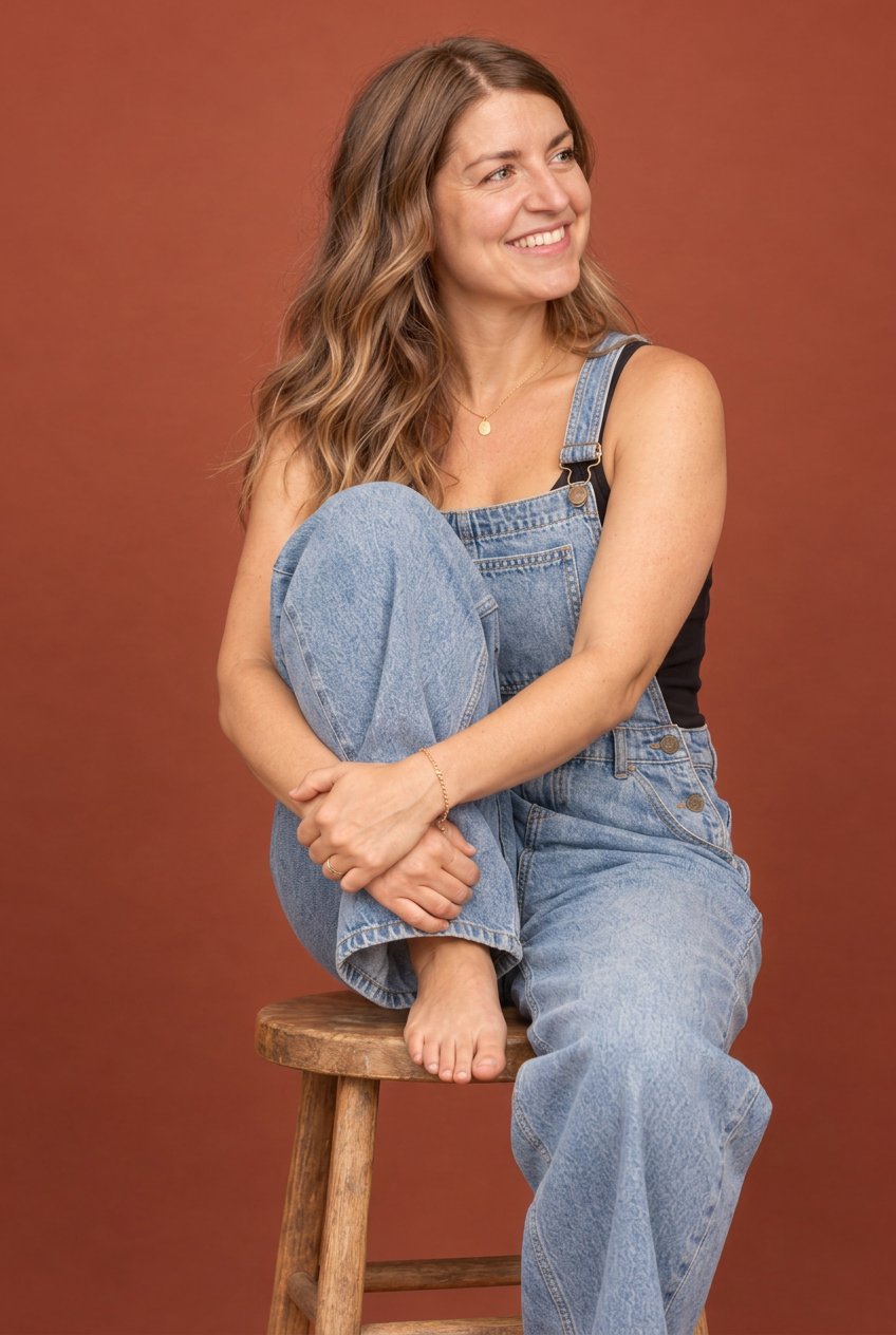 Kalyn Adams seated on a wooden stool in denim overalls