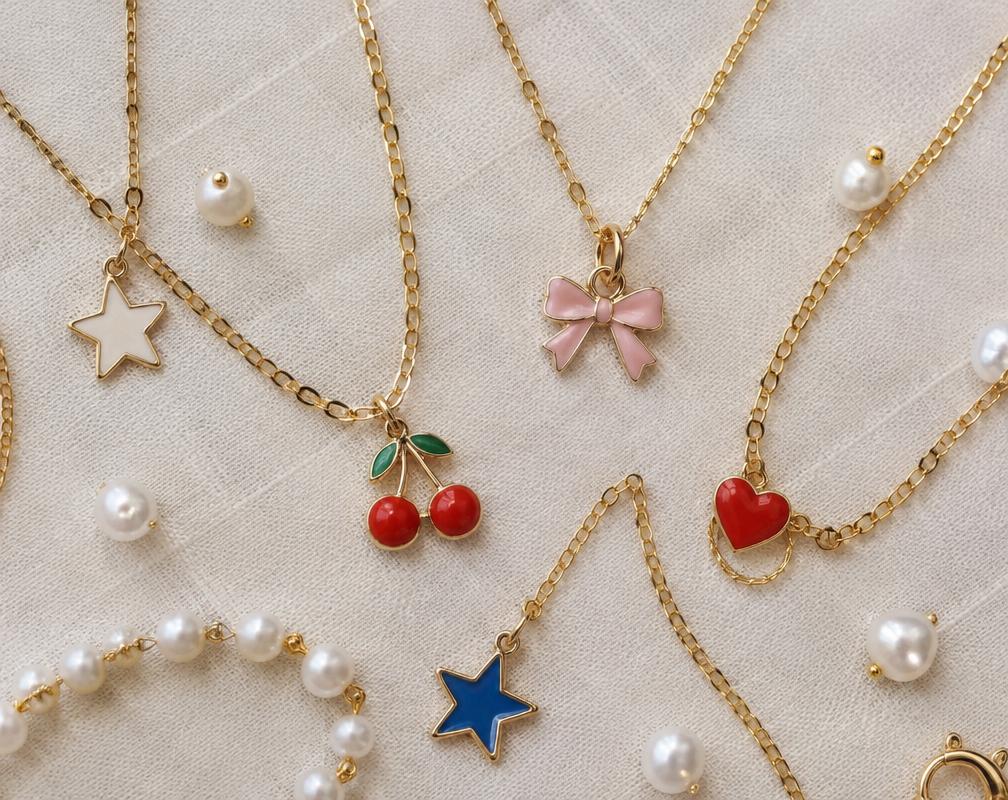 Gold charm necklaces with cherries, stars and bows