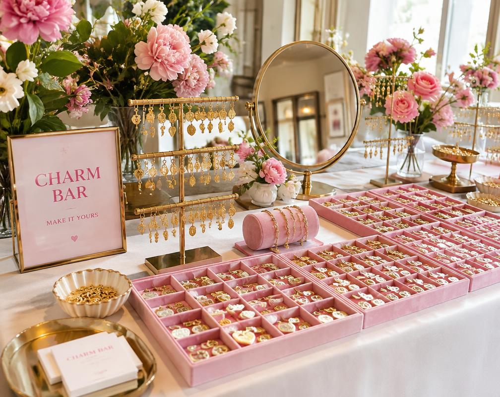 A charm bar setup with trays of gold charms